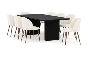Kopparbo Matbord 200-260 cm Förlängningsbart med 8 Greya Matstolar med armstöd - Svart / Vit Bouclé / Metallben Valnöt - Möbler - Bord & matgrupp - Matgrupp