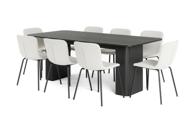 Kopparbo Matbord 200-260 cm Förlängningsbart med 8 Katy Matstolar, Svart / Vit Bouclé / Metallben Svart
