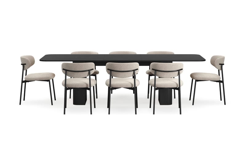 Kopparbo Matbord 200-260 cm Förlängningsbart med 8 Lucy Matstolar - Svart / Greige Bouclé / Metallben Svart - Möbler - Bord & matgrupp - Matgrupp