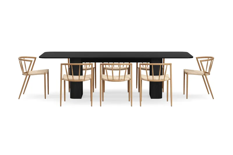 Kopparbo Matbord 200-260 cm Förlängningsbart med 8 Winston Matstolar - Svart / Beige / Metallben Ek - Möbler - Bord & matgrupp - Matgrupp