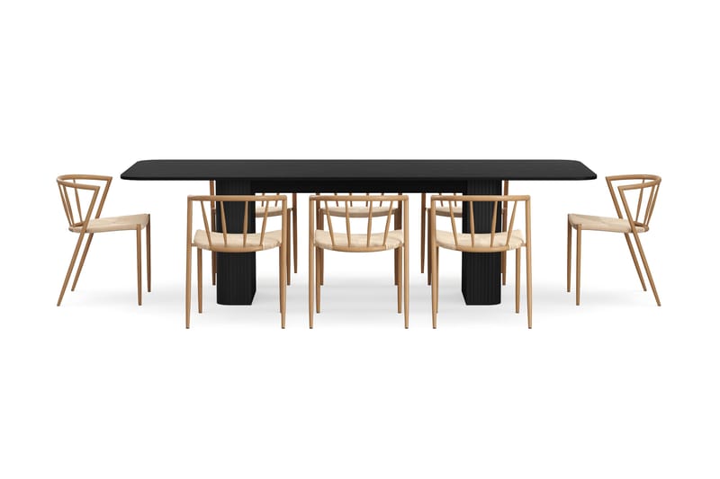 Kopparbo Matbord 200-260 cm F örlängningsbart med 8 Winston Matstolar - Svart / Beige / Metallben Ek - Möbler - Bord & matgrupp - Matgrupp