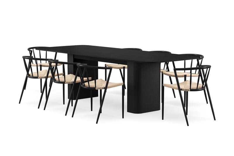 Kopparbo Matbord 200-260 cm Förlängningsbart med 8 Winston Matstolar, Svart / Beige / Metallben Svart