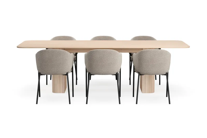 Kopparbo Matbord 200-260 cm Förlängningsbart med illäggsskiv med 6 Filip Matstolar - Vit / Taupe Bouclé - Möbler - Bord & matgrupp - Matgrupp