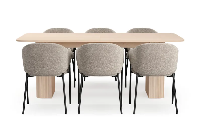 Kopparbo Matbord 200-260 cm Förlängningsbart med illäggsskiv med 6 Filip Matstolar - Vit / Taupe Bouclé - Möbler - Bord & matgrupp - Matgrupp