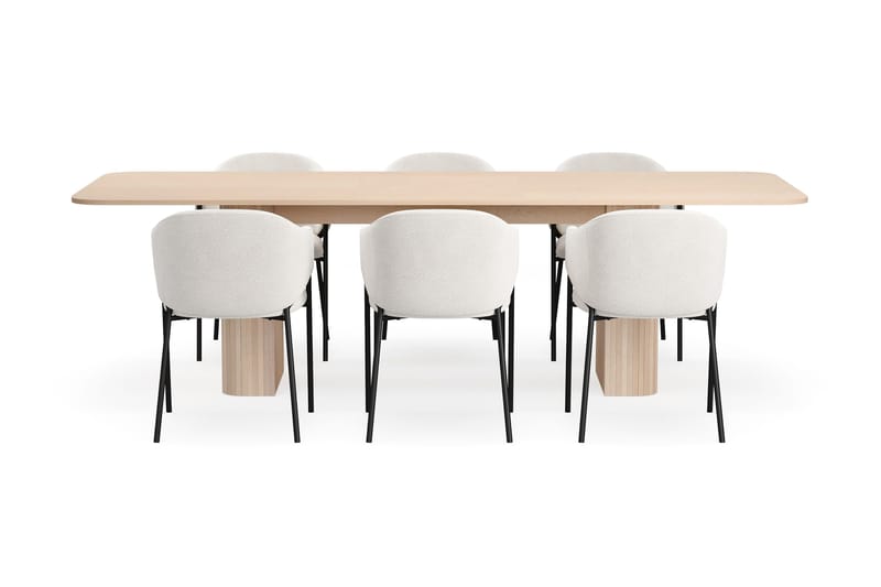 Kopparbo Matbord 200-260 cm Förlängningsbart med illäggsskiv med 6 Filip Matstolar - Vit / Vit Bouclé - Möbler - Bord & matgrupp - Matgrupp