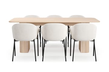 Kopparbo Matbord 200-260 cm Förlängningsbart med illäggsskiv med 6 Filip Matstolar - Vit / Vit Bouclé - Möbler - Bord & matgrupp - Matgrupp