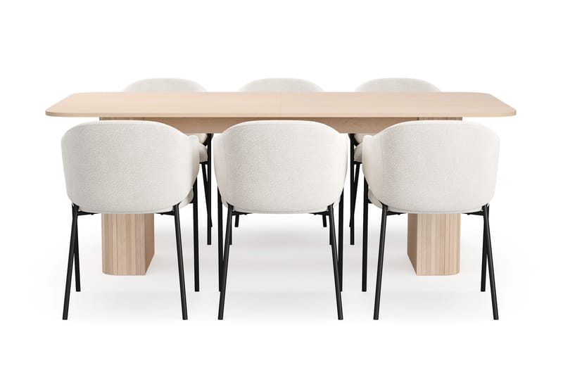 Kopparbo Matbord 200-260 cm Förlängningsbart med illäggsskiv med 6 Filip Matstolar - Vit / Vit Bouclé - Möbler - Bord & matgrupp - Matgrupp