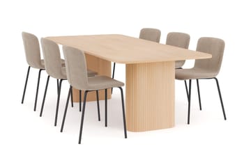 Kopparbo Matbord 200-260 cm Förlängningsbart med illäggsskiv med 6 Katy Matstolar - Vit / Greige Bouclé / Metallben Svart - Möbler - Bord & matgrupp - Matgrupp