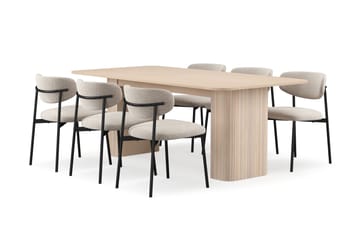Kopparbo Matbord 200-260 cm Förlängningsbart med illäggsskiv med 6 Lucy Matstolar - Vit / Greige Bouclé / Metallben Svart - Möbler - Bord & matgrupp - Matgrupp