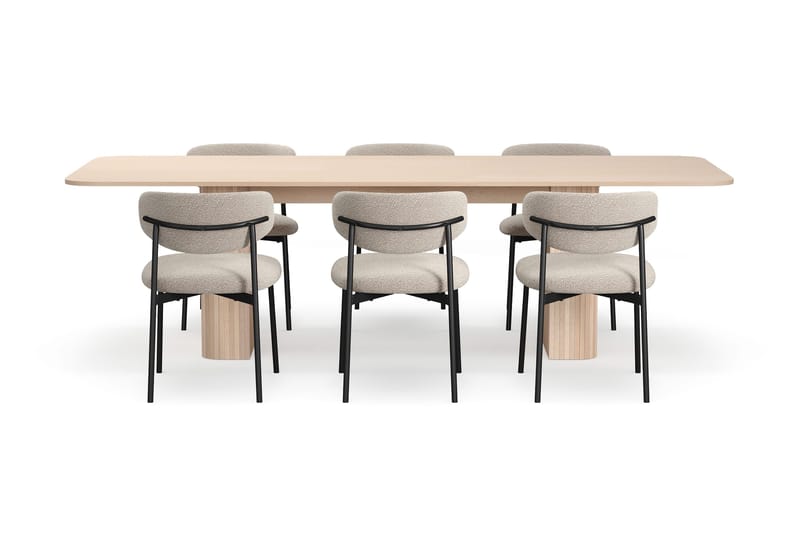 Kopparbo Matbord 200-260 cm Förlängningsbart med illäggsskiv med 6 Lucy Matstolar - Vit / Greige Bouclé / Metallben Svart - Möbler - Bord & matgrupp - Matgrupp