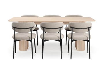 Kopparbo Matbord 200-260 cm Förlängningsbart med illäggsskiv med 6 Lucy Matstolar - Vit / Greige Bouclé / Metallben Svart - Möbler - Bord & matgrupp - Matgrupp