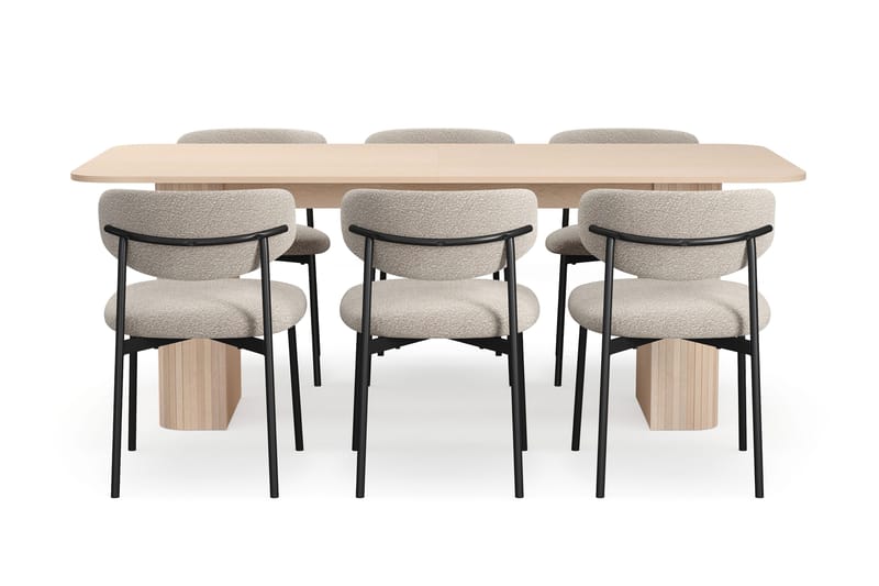 Kopparbo Matbord 200-260 cm Förlängningsbart med illäggsskiv med 6 Lucy Matstolar - Vit / Greige Bouclé / Metallben Svart - Möbler - Bord & matgrupp - Matgrupp