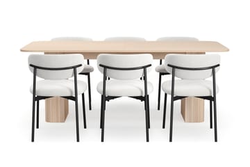 Kopparbo Matbord 200-260 cm Förlängningsbart med illäggsskiv med 6 Lucy Matstolar - Vit / Vit Bouclé / Metallben Svart - Möbler - Bord & matgrupp - Matgrupp
