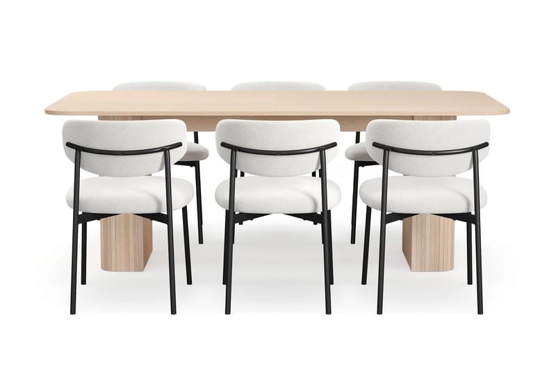 Kopparbo Matbord 200-260 cm Förlängningsbart med illäggsskiv med 6 Lucy Matstolar - Vit / Vit Bouclé / Metallben Svart - Möbler - Bord & matgrupp - Matgrupp