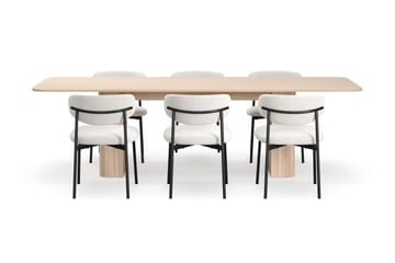 Kopparbo Matbord 200-260 cm Förlängningsbart med illäggsskiv med 6 Lucy Matstolar - Vit / Vit Bouclé / Metallben Svart - Möbler - Bord & matgrupp - Matgrupp