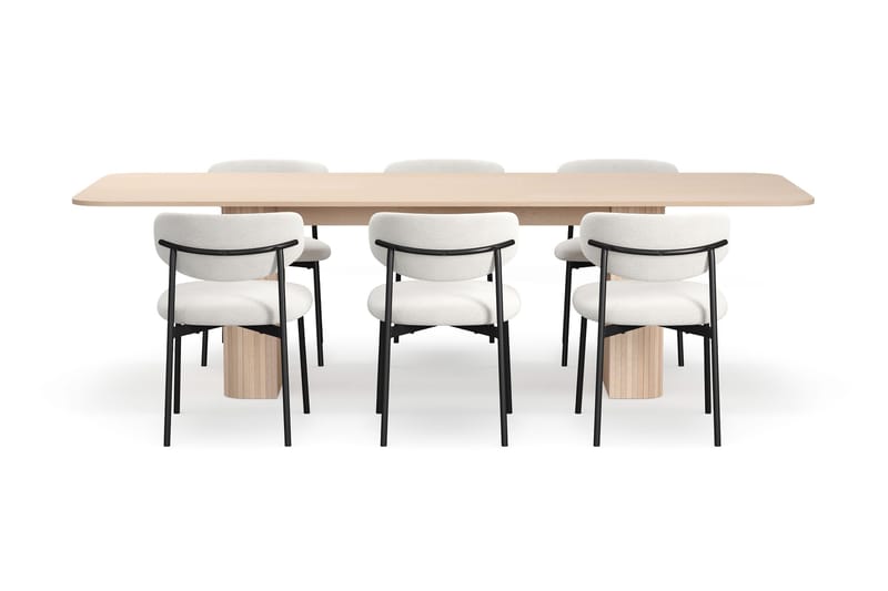 Kopparbo Matbord 200-260 cm Förlängningsbart med illäggsskiv med 6 Lucy Matstolar - Vit / Vit Bouclé / Metallben Svart - Möbler - Bord & matgrupp - Matgrupp