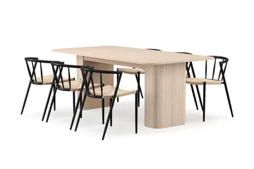 Kopparbo Matbord 200-260 cm Förlängningsbart med illäggsskiv med 6 Winston Matstolar - Vit / Beige / Metallben Svart - Möbler - Bord & matgrupp - Matgrupp