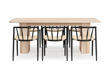 Kopparbo Matbord 200-260 cm Förlängningsbart med illäggsskiv med 6 Winston Matstolar - Vit / Beige / Metallben Svart - Möbler - Bord & matgrupp - Matgrupp