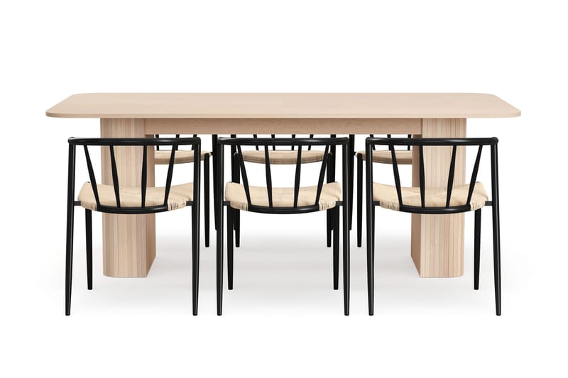 Kopparbo Matbord 200-260 cm Förlängningsbart med illäggsskiv med 6 Winston Matstolar - Vit / Beige / Metallben Svart - Möbler - Bord & matgrupp - Matgrupp