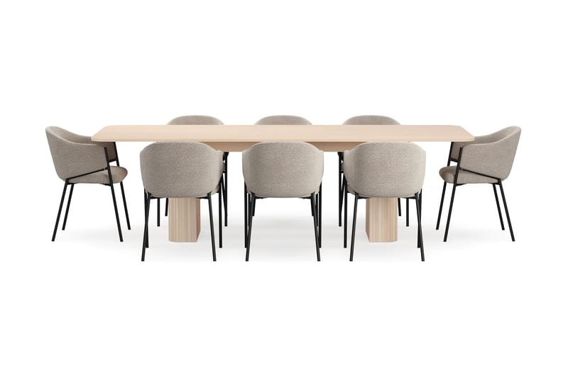 Kopparbo Matbord 200-260 cm Förlängningsbart med illäggsskiv med 8 Filip Matstolar - Vit / Taupe Bouclé - Möbler - Bord & matgrupp - Matgrupp