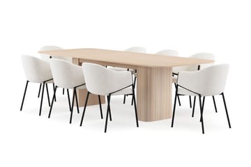 Kopparbo Matbord 200-260 cm Förlängningsbart med illäggsskiv med 8 Filip Matstolar - Vit / Vit Bouclé - Möbler - Bord & matgrupp - Matgrupp