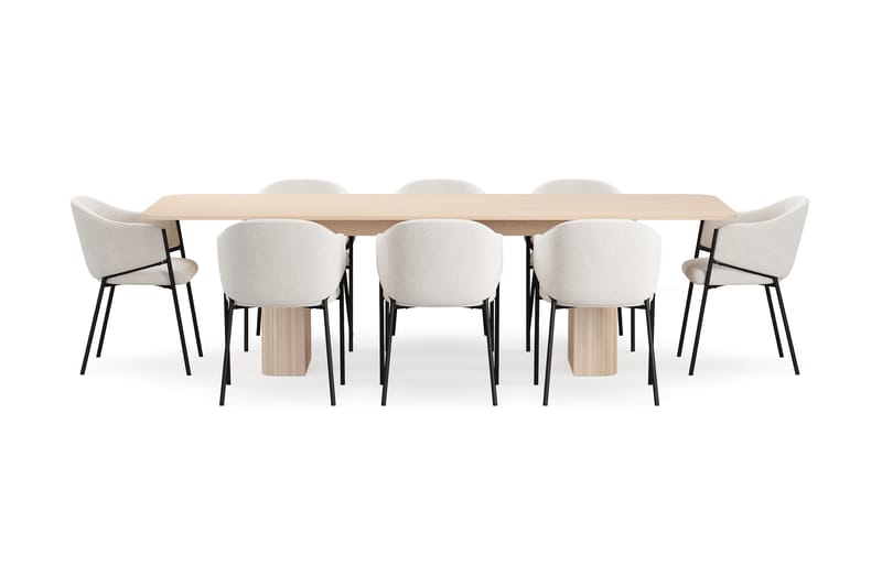 Kopparbo Matbord 200-260 cm Förlängningsbart med illäggsskiv med 8 Filip Matstolar - Vit / Vit Bouclé - Möbler - Bord & matgrupp - Matgrupp