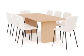 Kopparbo Matbord 200-260 cm Förlängningsbart med illäggsskiv med 8 Katy Matstolar - Vit / Vit Bouclé / Metallben Svart - Möbler - Bord & matgrupp - Matgrupp