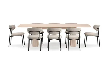 Kopparbo Matbord 200-260 cm Förlängningsbart med illäggsskiv med 8 Lucy Matstolar - Vit / Greige Bouclé / Metallben Svart - Möbler - Bord & matgrupp - Matgrupp