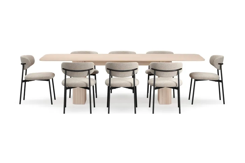 Kopparbo Matbord 200-260 cm Förlängningsbart med illäggsskiv med 8 Lucy Matstolar - Vit / Greige Bouclé / Metallben Svart - Möbler - Bord & matgrupp - Matgrupp