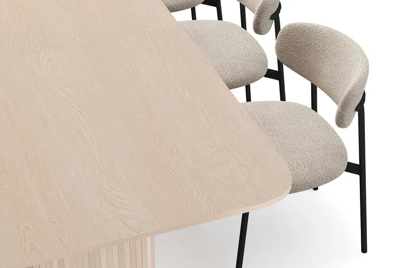 Kopparbo Matbord 200-260 cm Förlängningsbart med illäggsskiv med 8 Lucy Matstolar - Vit / Greige Bouclé / Metallben Svart - Möbler - Bord & matgrupp - Matgrupp