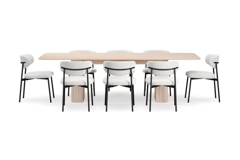 Kopparbo Matbord 200-260 cm Förlängningsbart med illäggsskiv med 8 Lucy Matstolar - Vit / Vit Bouclé / Metallben Svart - Möbler - Bord & matgrupp - Matgrupp