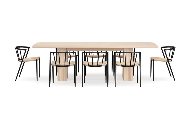 Kopparbo Matbord 200-260 cm Förlängningsbart med illäggsskiv med 8 Winston Matstolar - Vit / Beige / Metallben Svart - Möbler - Bord & matgrupp - Matgrupp