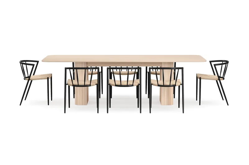 Kopparbo Matbord 200-260 cm Förlängningsbart med illäggsskiv med 8 Winston Matstolar - Vit / Beige / Metallben Svart - Möbler - Bord & matgrupp - Matgrupp