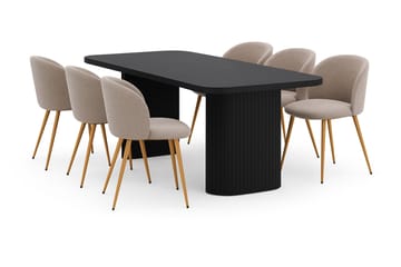 Kopparbo Matbord 200 cm med 6 Greya Matstolar med armstöd - Svart / Greige Bouclé / Metallben Ek - Möbler - Bord & matgrupp - Matgrupp
