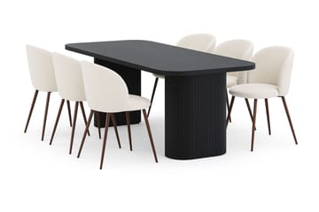 Kopparbo Matbord 200 cm med 6 Greya Matstolar med armstöd - Svart / Vit Bouclé / Metallben Valnöt - Möbler - Bord & matgrupp - Matgrupp