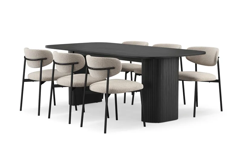 Kopparbo Matbord 200 cm med 6 Lucy Matstolar, Svart / Greige Bouclé / Metallben Svart