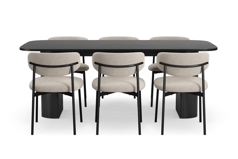 Kopparbo Matbord 200 cm med 6 Lucy Matstolar - Svart / Greige Bouclé / Metallben Svart - Möbler - Bord & matgrupp - Matgrupp