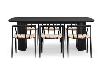 Kopparbo Matbord 200 cm med 6 Winston Matstolar - Svart / Beige / Metallben Svart - Möbler - Bord & matgrupp - Matgrupp