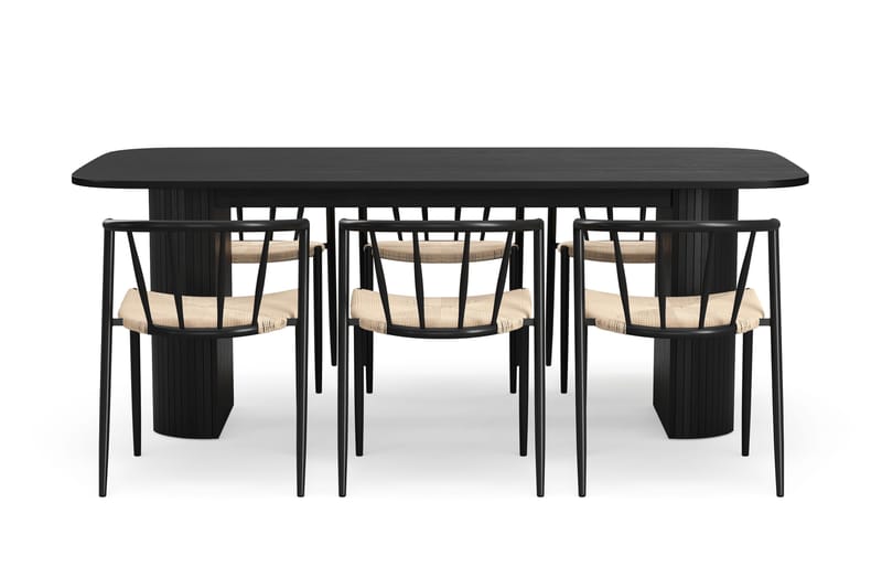 Kopparbo Matbord 200 cm med 6 Winston Matstolar - Svart / Beige / Metallben Svart - Möbler - Bord & matgrupp - Matgrupp