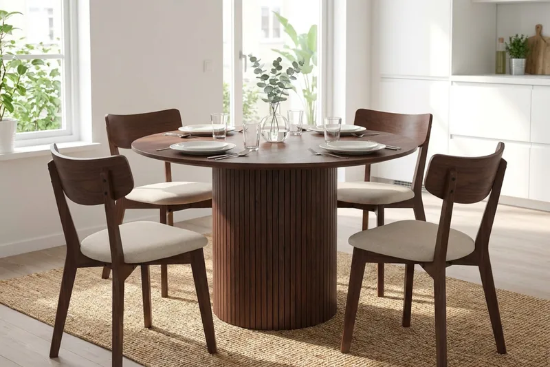 Kopparbo Matgrupp 110 cm runt i Valnöt med 4 Amelia Matstolar med Dyna - Valnöt/Beige - Möbler - Bord & matgrupp - Matgrupp