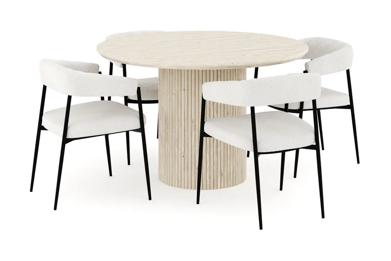 Kopparbo Matgrupp 120 cm Rund med 4 Ayana Matstolar, Travetin