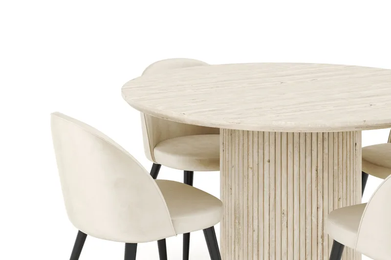 Kopparbo Matgrupp 120 cm Rund med 4 Valeri Sammetsstolar - Travetin - Möbler - Bord & matgrupp - Matgrupp