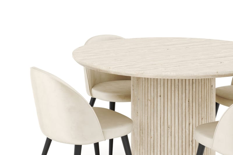 Kopparbo Matgrupp 120 cm Rund med 4 Valeri Sammetsstolar - Travetin - Möbler - Bord & matgrupp - Matgrupp