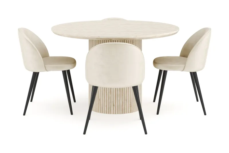 Kopparbo Matgrupp 120 cm Rund med 4 Valeri Sammetsstolar - Travetin - Möbler - Bord & matgrupp - Matgrupp