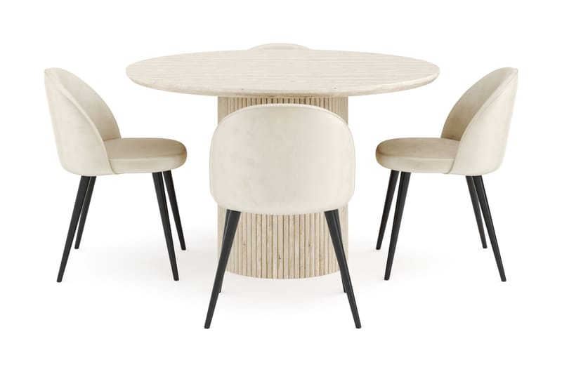 Kopparbo Matgrupp 120 cm Rund med 4 Valeri Sammetsstolar - Travetin - Möbler - Bord & matgrupp - Matgrupp
