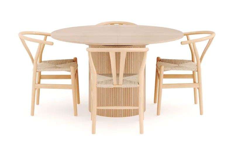 Kopparbo Matgrupp 130 cm Rund Förlängningsbart med 4 Dastoori Matstolar - Whitewash - Möbler - Bord & matgrupp - Matgrupp