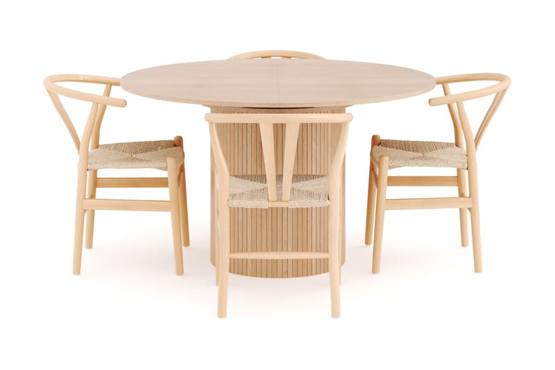 Kopparbo Matgrupp 130 cm Rund Förlängningsbart med 4 Dastoori Matstolar - Whitewash - Möbler - Bord & matgrupp - Matgrupp