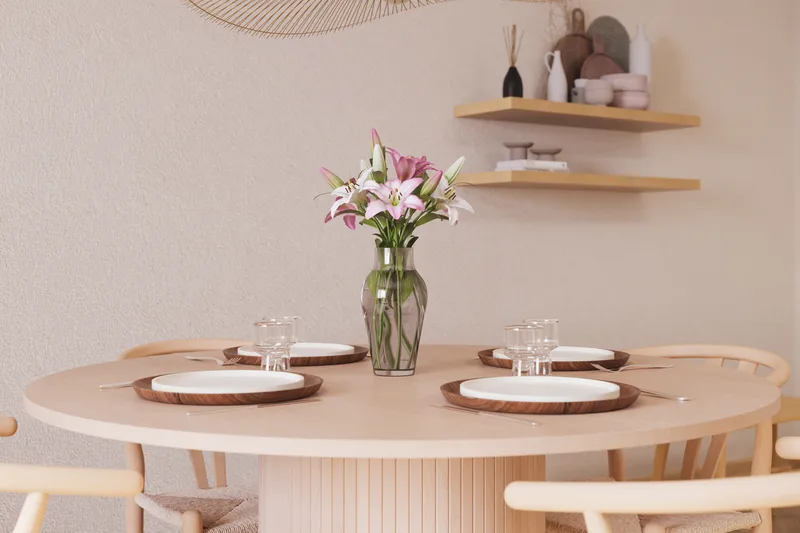 Kopparbo Matgrupp 130 cm Rund med 4 Dastoori Matstol - Beige - Möbler - Bord & matgrupp - Matgrupp