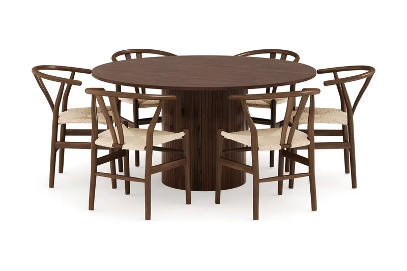 Kopparbo Matgrupp 150 cm Rund med 6 Dastoori Matstolar, Valnöt