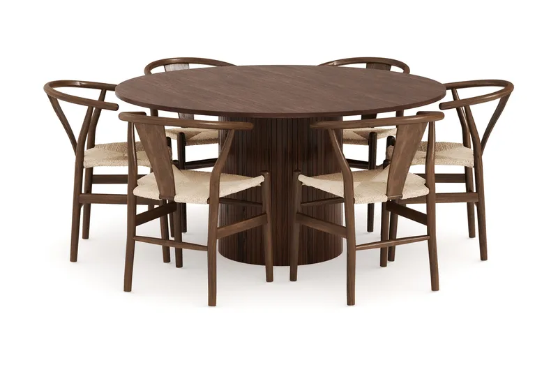 Kopparbo Matgrupp 150 cm Rund med 6 Dastoori Matstolar - Valnöt - Möbler - Bord & matgrupp - Matgrupp